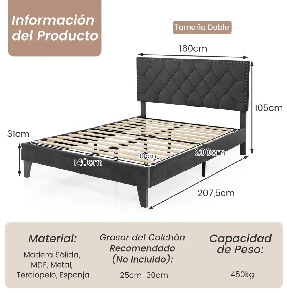Estrutura de cama moderna com cabeceira estofada Botões de colchão Montagem fácil 200 x 140 cm Cinzento