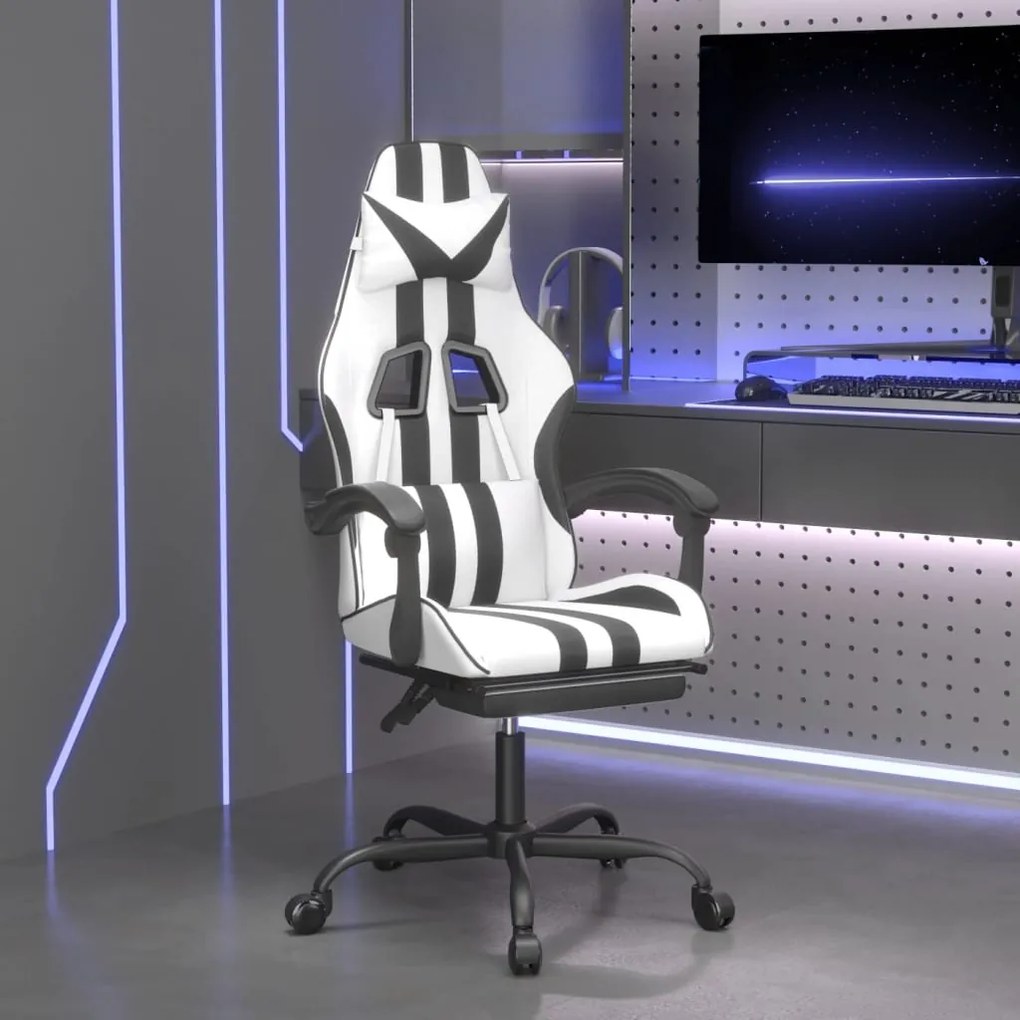 vidaXL Cadeira gaming giratória c/ apoio pés couro artif. branco/preto