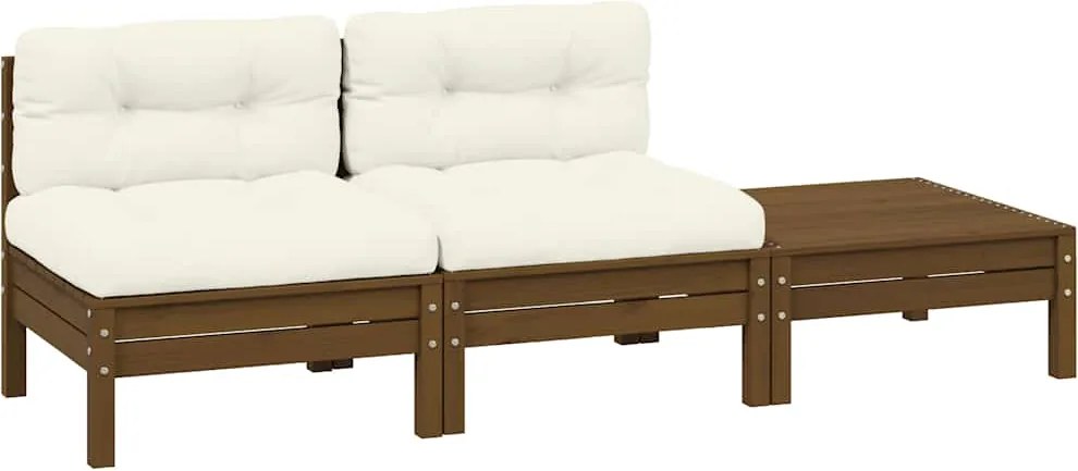 vidaXL 3 pcs conjunto lounge jardim c/ almofadões creme pinho maciço