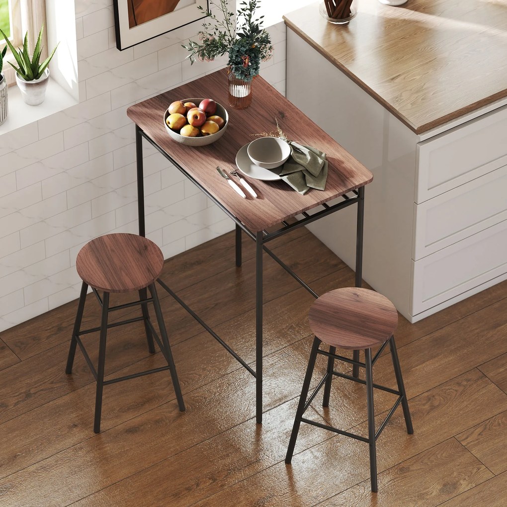 Mesa Alta de Cozinha com 2 Bancos EstiIo Industrial Prateleira Aberta Apoio para Pés para Espaços Reduzidos Castanho