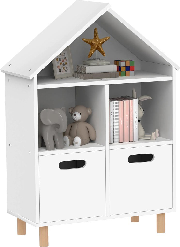 Estante infantil com 3 prateleiras e duas gavetas em forma de casa, 63,7 x 29,7 x 89 cm, branca