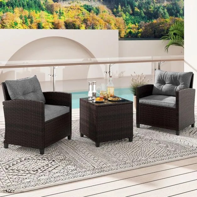 Conjunto Jardim de 3 peças em rattan com almofada lavável para jardim, piscina e varanda 67 x 67 x 76 cm Castanho e Cinzento