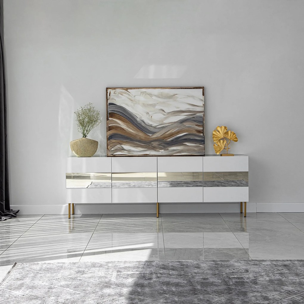 Móvel TV Leon – Branco e Dourado – 180x59x35 cm