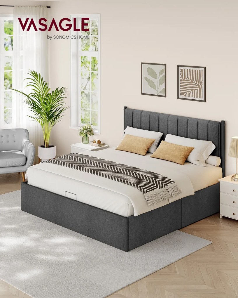 Estrutura de cama 180 x 200 cm com estrado (COLCHÃO NÃO INCLUIDO) com espaço de arrumação sob a cama e cabeceira em cinza ardósia