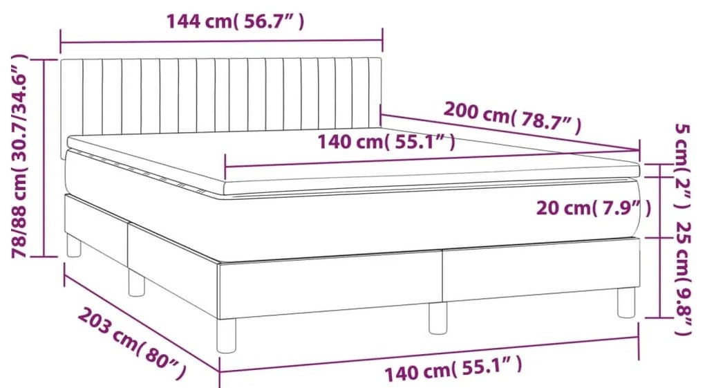 Cama box spring c/ colchão e LED 140x200 cm tecido azul