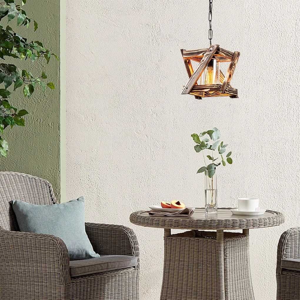 Candeeiro Suspenso Erebos – Preto e Madeira – 25 x 25 cm
