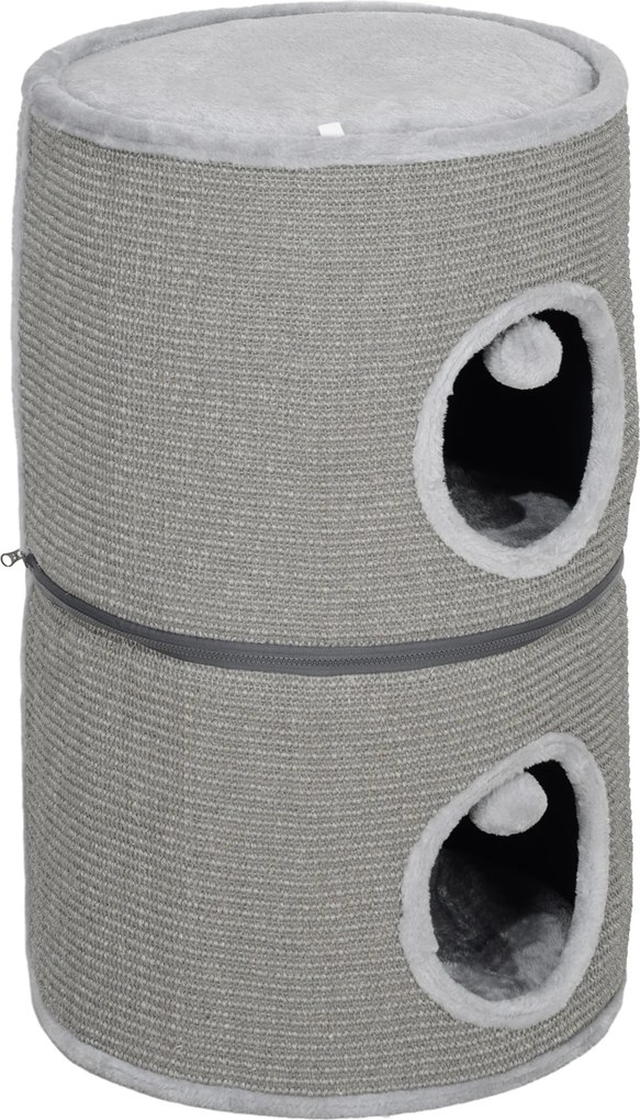 PawHut Torre para gato modular tonel arranhador para gato com zíper separável 3 níveis duas bolas Ø 42 x 69H cm cinza | Aosom Portugal