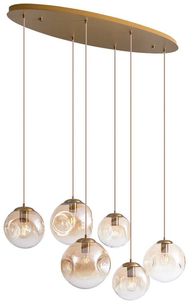 Candeeiro suspenso Art Deco latão com placa de teto oval e vidro âmbar 6 luzes - Douglass