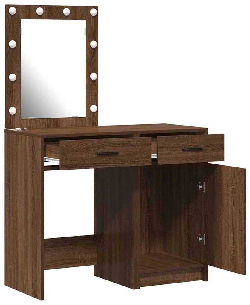 Conjunto de Mesa de Maquilhagem de 2 Peças com LED em Madeira de Carva