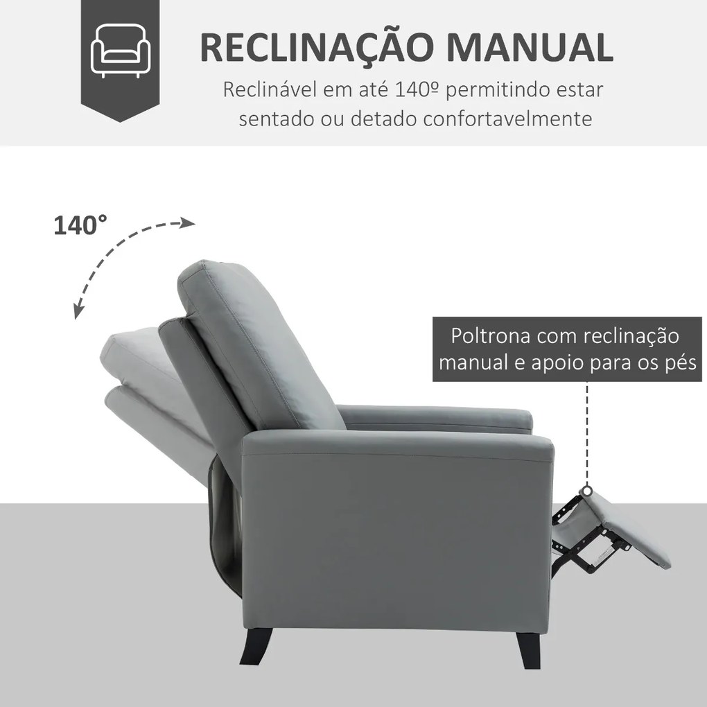 Poltrona Relax Reclinável em até 140° Estofada em PU com Apoio para os Pés Retrátil Assento e Encosto Acolchoados para Sala de Estar Escritório Dormit