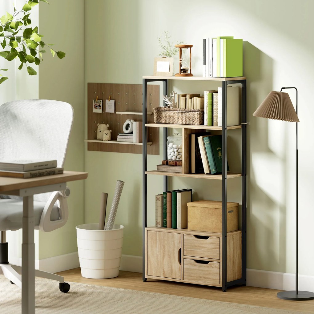 Estante de estilo industrial com 3 prateleiras, porta e 2 gavetas, 58 x 24 x 122 cm, com acabamento em madeira natural e aço preto