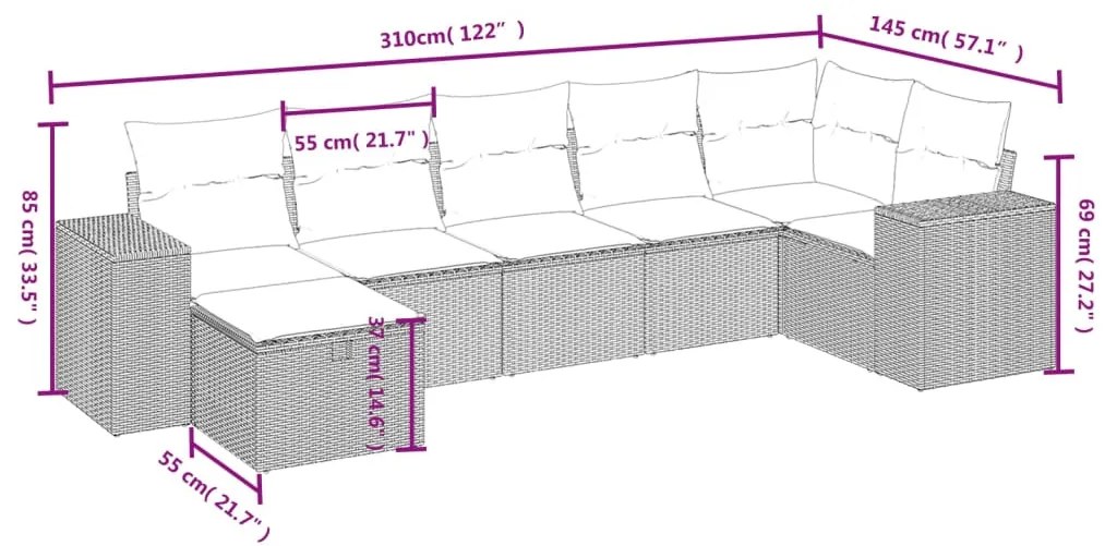 7 pcs conjunto de sofás p/ jardim c/ almofadões vime PE preto