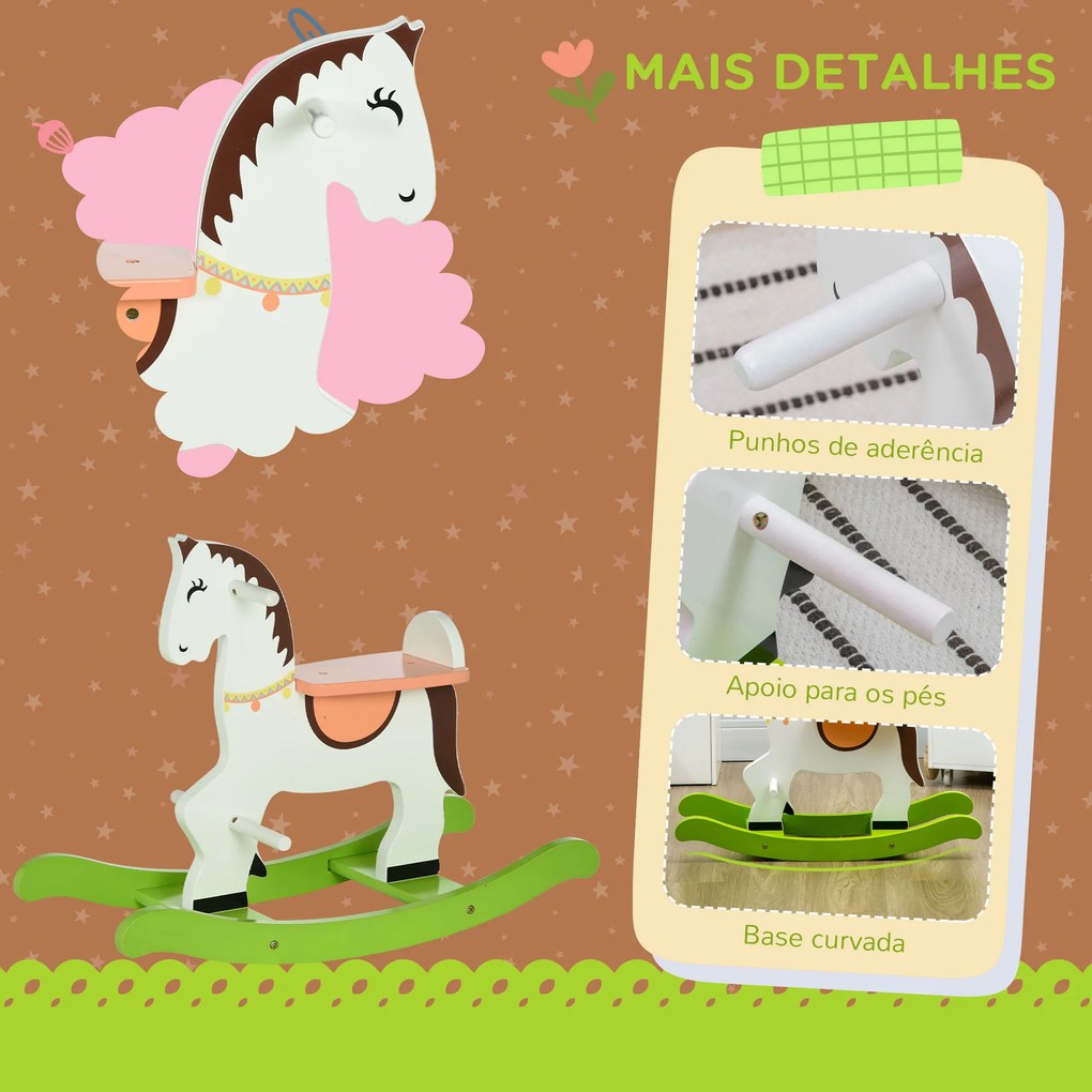 Cavalo Baloiço para Crianças de 1-3 Anos Cavalo Baloiço de Madeira com Guiador e Apoio para os Pés Carga Máxima 50kg 68x27x50cm Branco e Verde