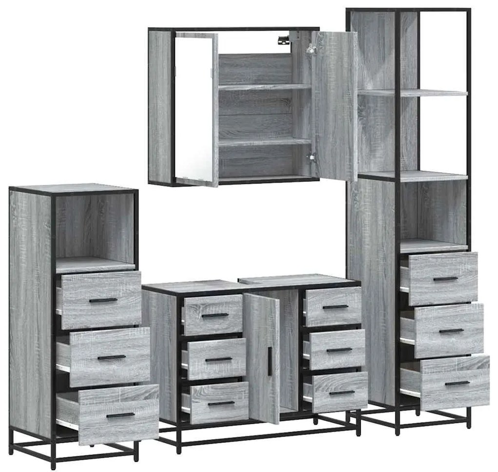4 pcs Conjunto móveis casa de banho madeira proc. cinza sonoma