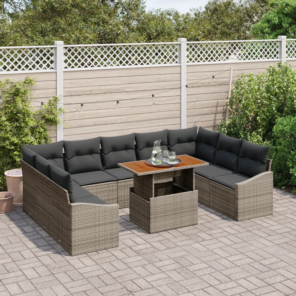Conjunto de Jantar de Jardim de 10 Peças com Almofadas Cinza Vime Acác