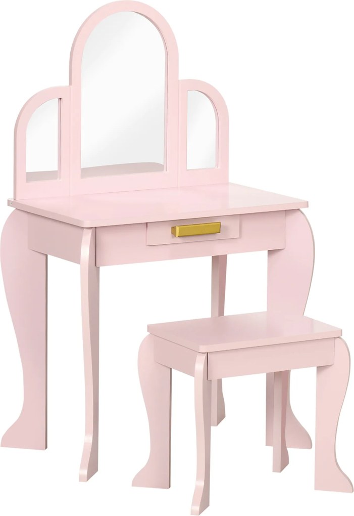 HOMCOM Toucador Infantil Rosa com Espelho Banco e Organizador Maquilhagem Crianças 3-6 Anos 52x32x85 cm | Aosom Portugal