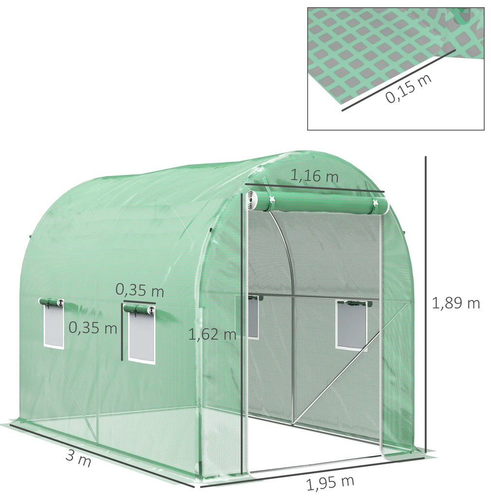Estufa Tipo Túnel 298x197x189 cm com Porta e 4 Janelas para Cultivo de Plantas e Verduras com Cobertura PE 140g/㎡ Verde