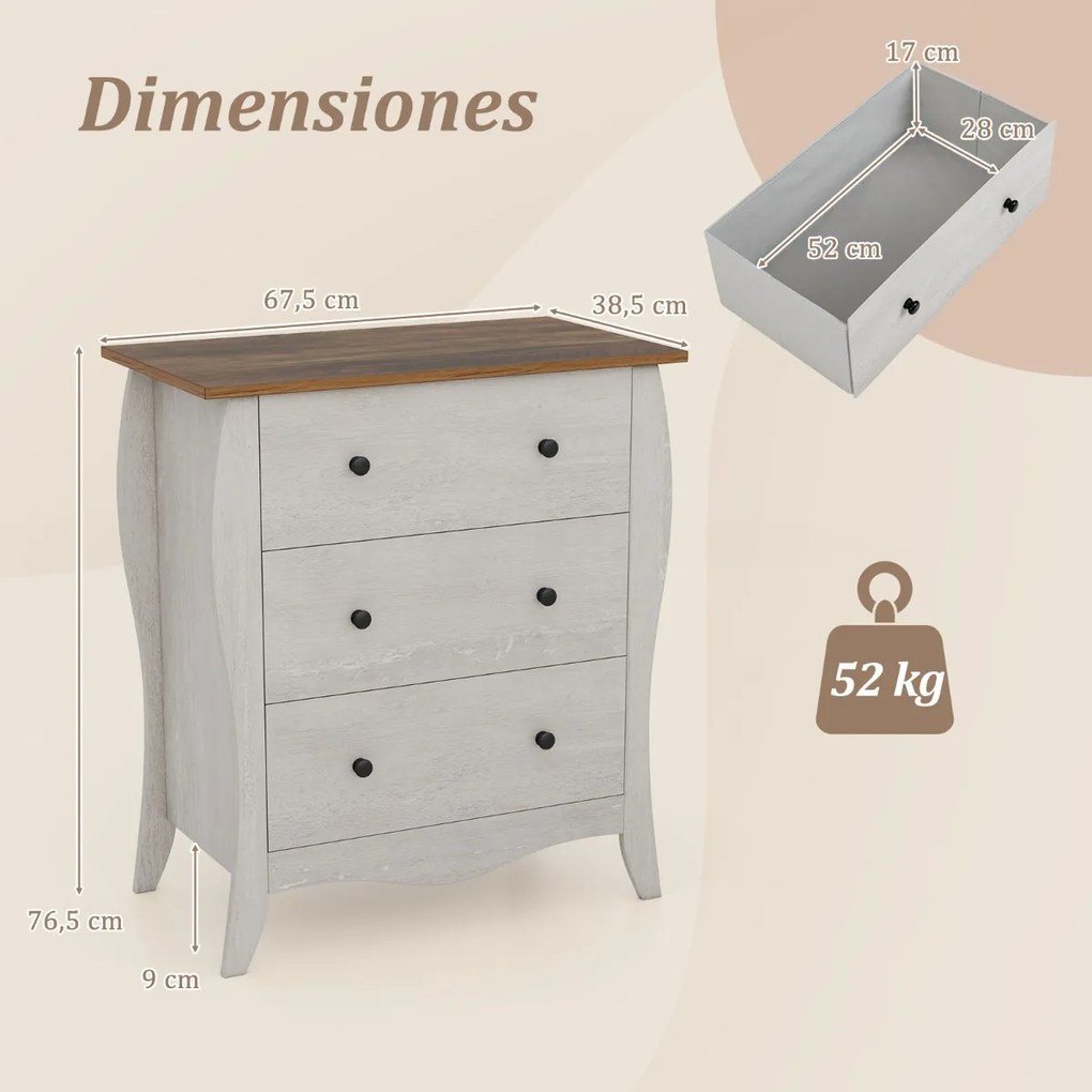 Cómoda de 3 gavetas dobrável em tecido para quarto Cómoda de estilo campestre 67,5 x 38,5 x 76,5 Cinzenta