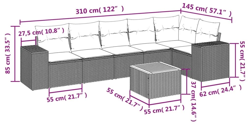 7 pcs conjunto sofás p/ jardim c/ almofadões vime PE cinzento