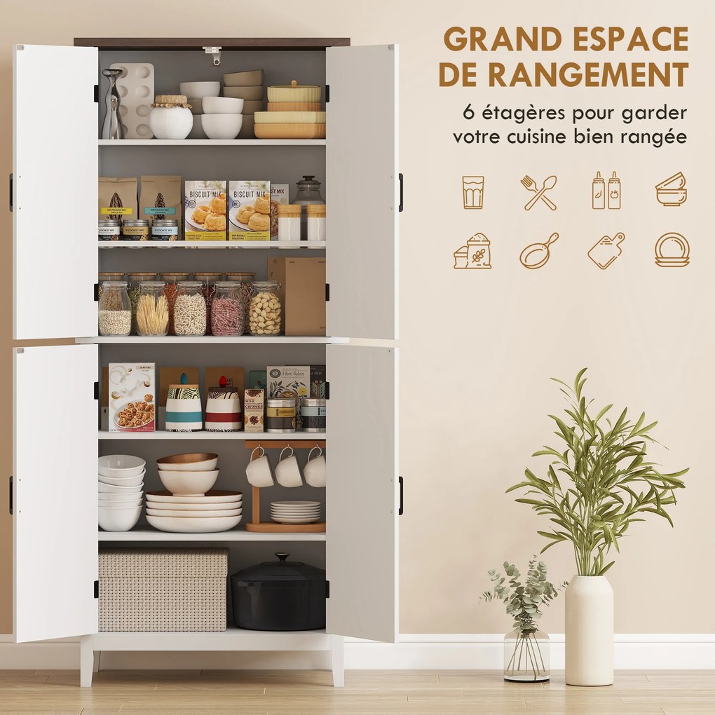 Armário de cozinha 76 x 40 x 178,5 cm, com 6 níveis, 4 portas com padrão em espinha e 4 prateleiras ajustáveis, branco