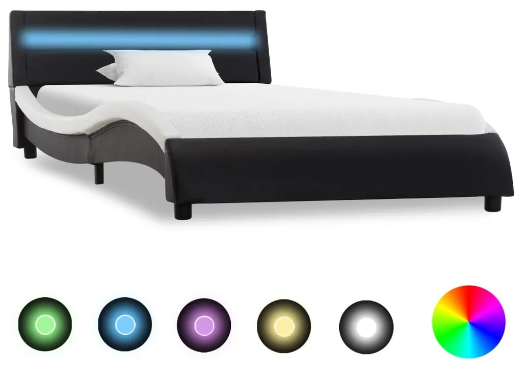 vidaXL Estrutura cama c/ LEDs 100x200 cm couro artificial preto/branco