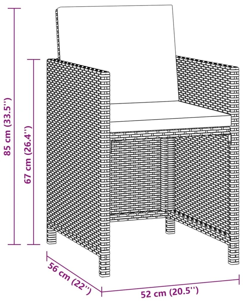 3 pcs conjunto jantar p/ jardim c/ almofadões vime PE cinzento