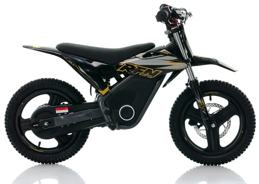 Mini moto elétrica para crianças velocidade até 35Km/h C/Limitador RFN Warrior SX-E500 500W 36V 14/14” Preta e Dourada