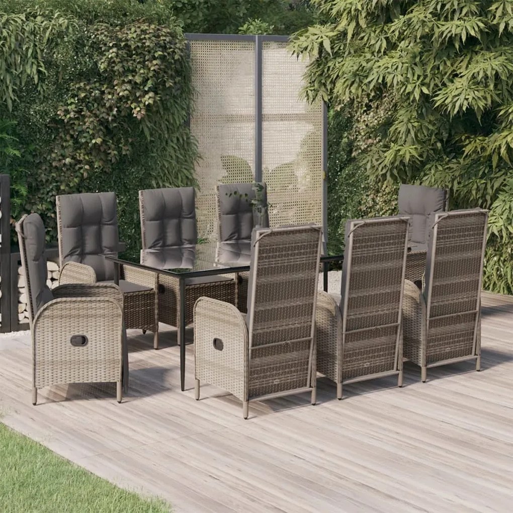 vidaXL 9 pcs conjunto jantar jardim c/ almofadões vime PE preto/cinza