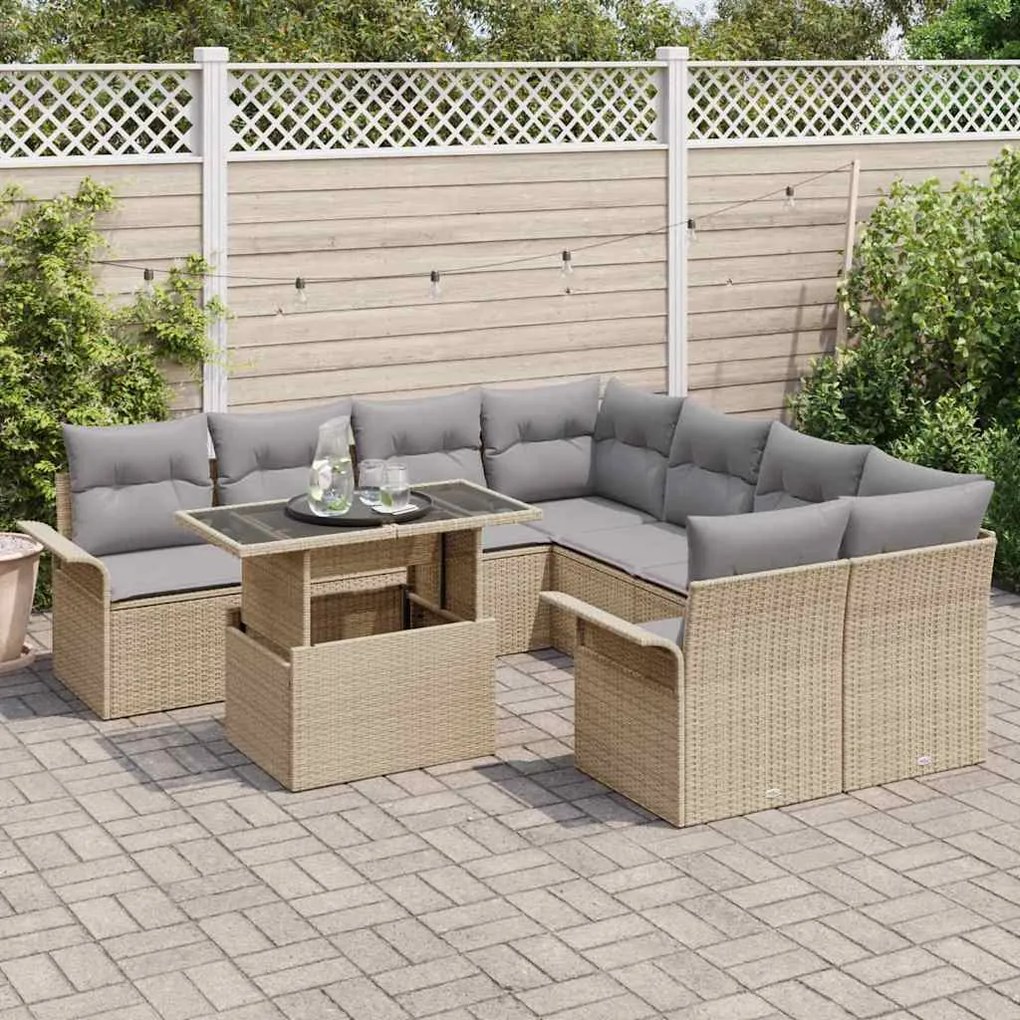 Conjunto de Sofá de Jardim vidaXL 9 Peças com Almofadas Bege Rattan Po