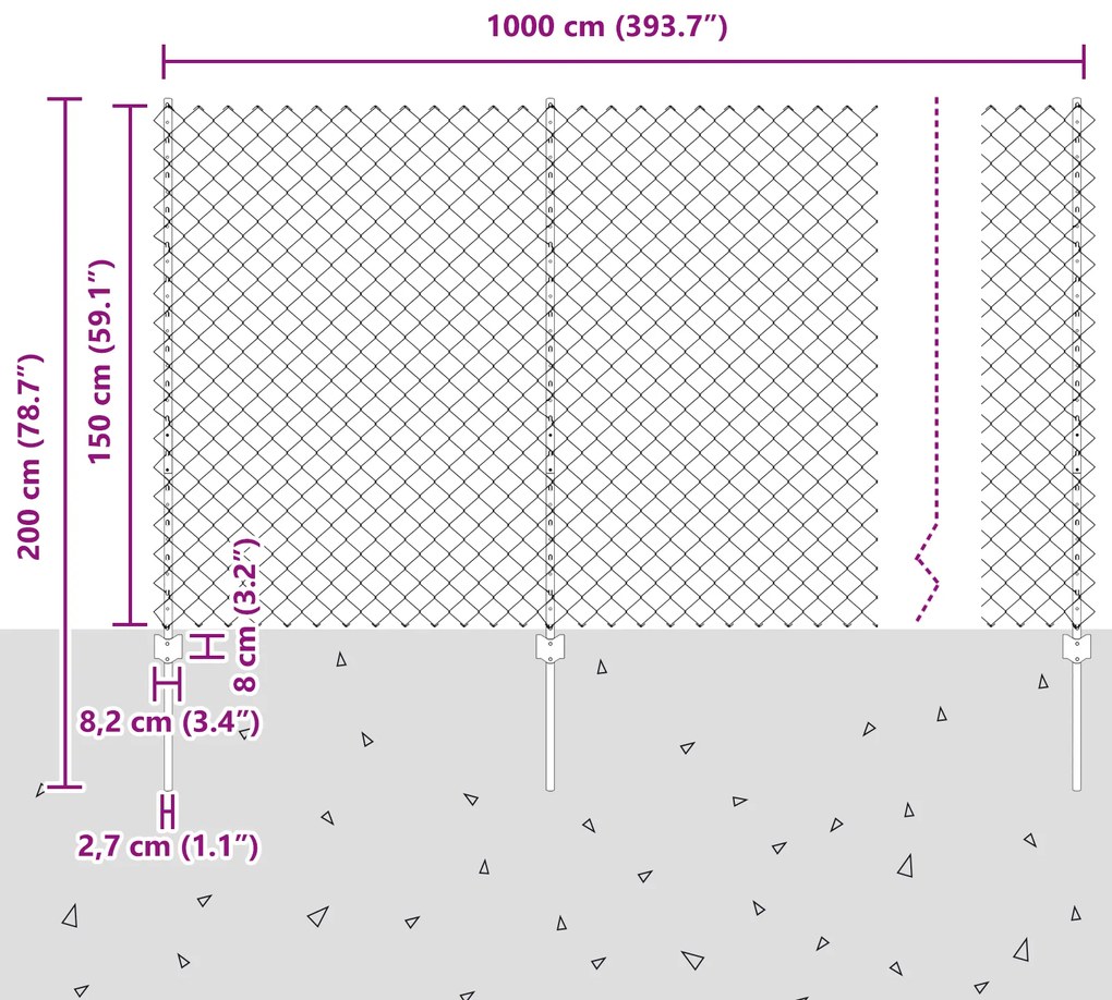 Cerca de Cadeia com 20 Postes em U Cinza 1,5x10 m Aço