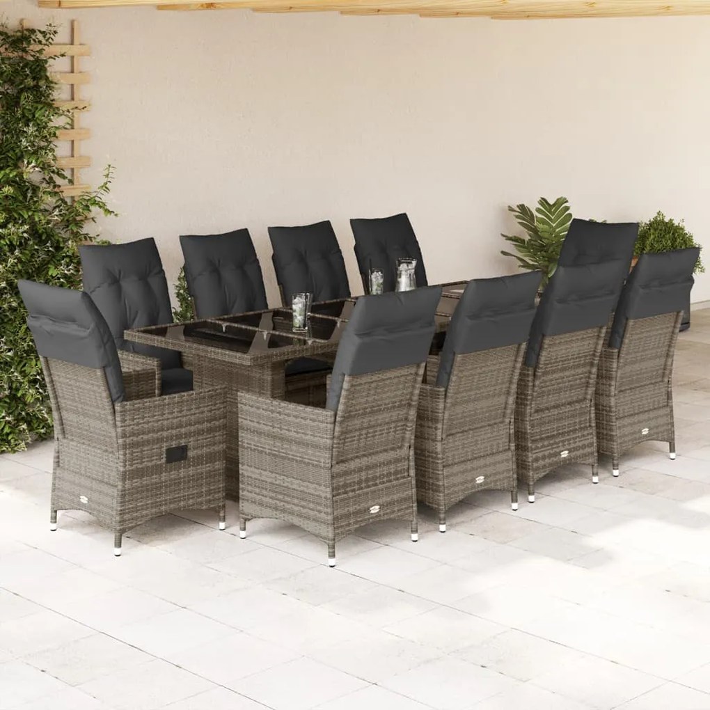 vidaXL 11 pcs conjunto bistrô de jardim c/ almofadões vime PE cinzento