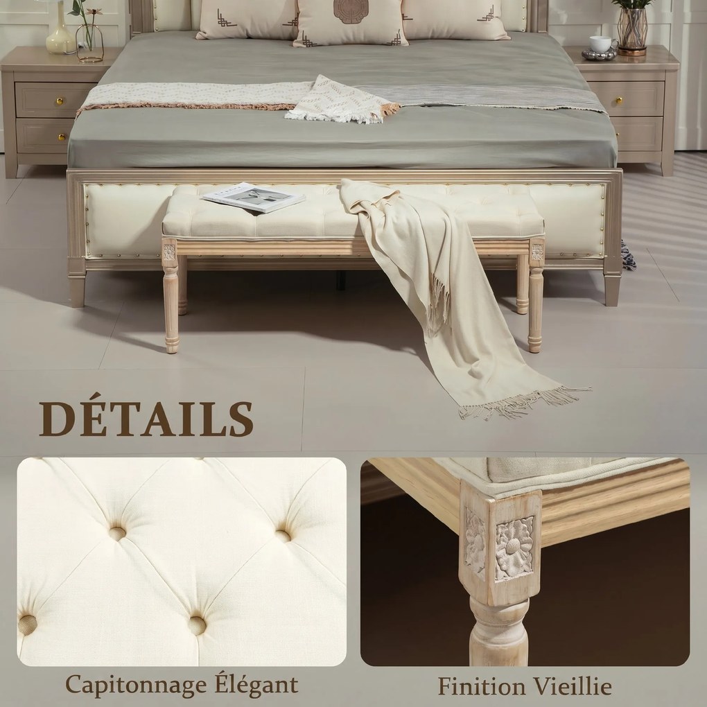 Banco aos Pés da Cama Capitonê, 115 x 40 x 43 cm, Revestimento com Aspeto de Linho, Creme