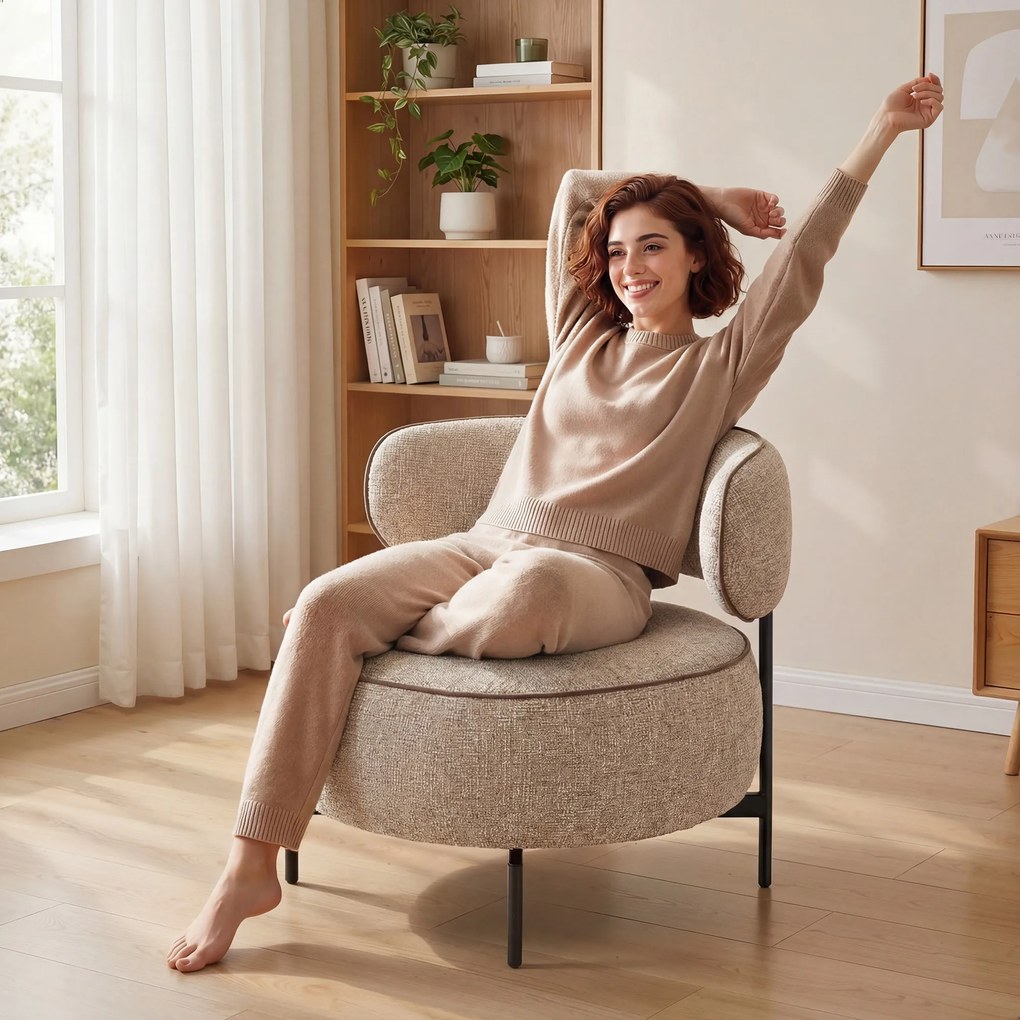 Poltrona de Sala com Assento Rotativo Revestida em Tecido Linho Assento Amplo Acolchoado Espesso Pés de Metal Bege