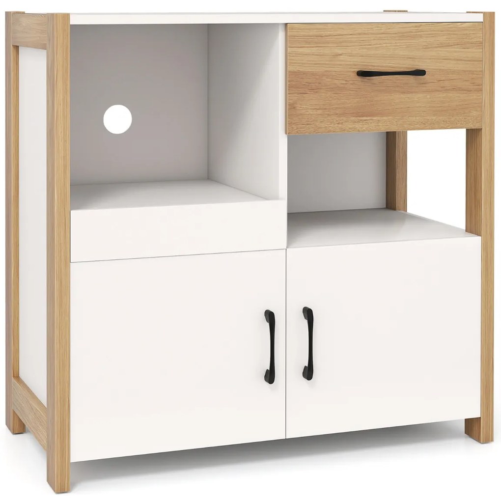 Armário de armazenamento de piso para banheiro, armário independente, despensa com 2 gavetas e 2 portas de vidro fosco - branco