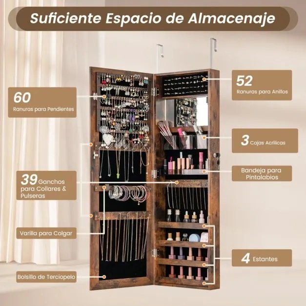 Espelho de parede 37 x 10 x 110 cm com espelho de corpo inteiro com espelho interior para maquilhagem para quarto e sala Castanho
