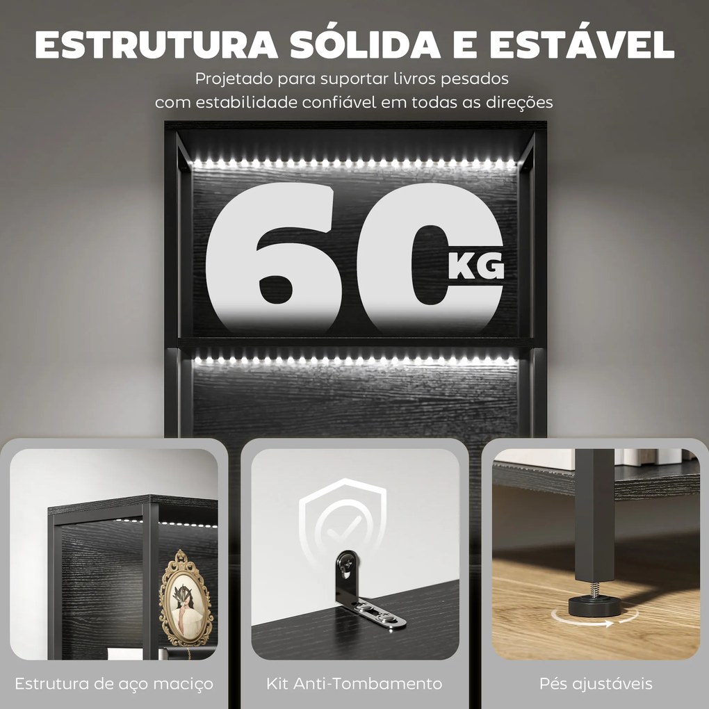 Estante de 5 Níveis com Luzes LED de 7 Cores Estante para Livros Estante de Estilo Industrial 60x30x179 cm Preto
