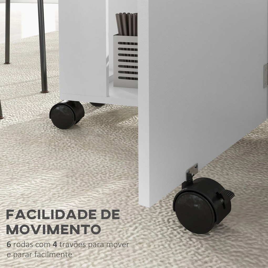 Mesa de Cozinha Dobrável com Rodas Laterais Rebatíveis e 2 Prateleiras Abertas Estilo Moderno 120x60x77 cm Branco