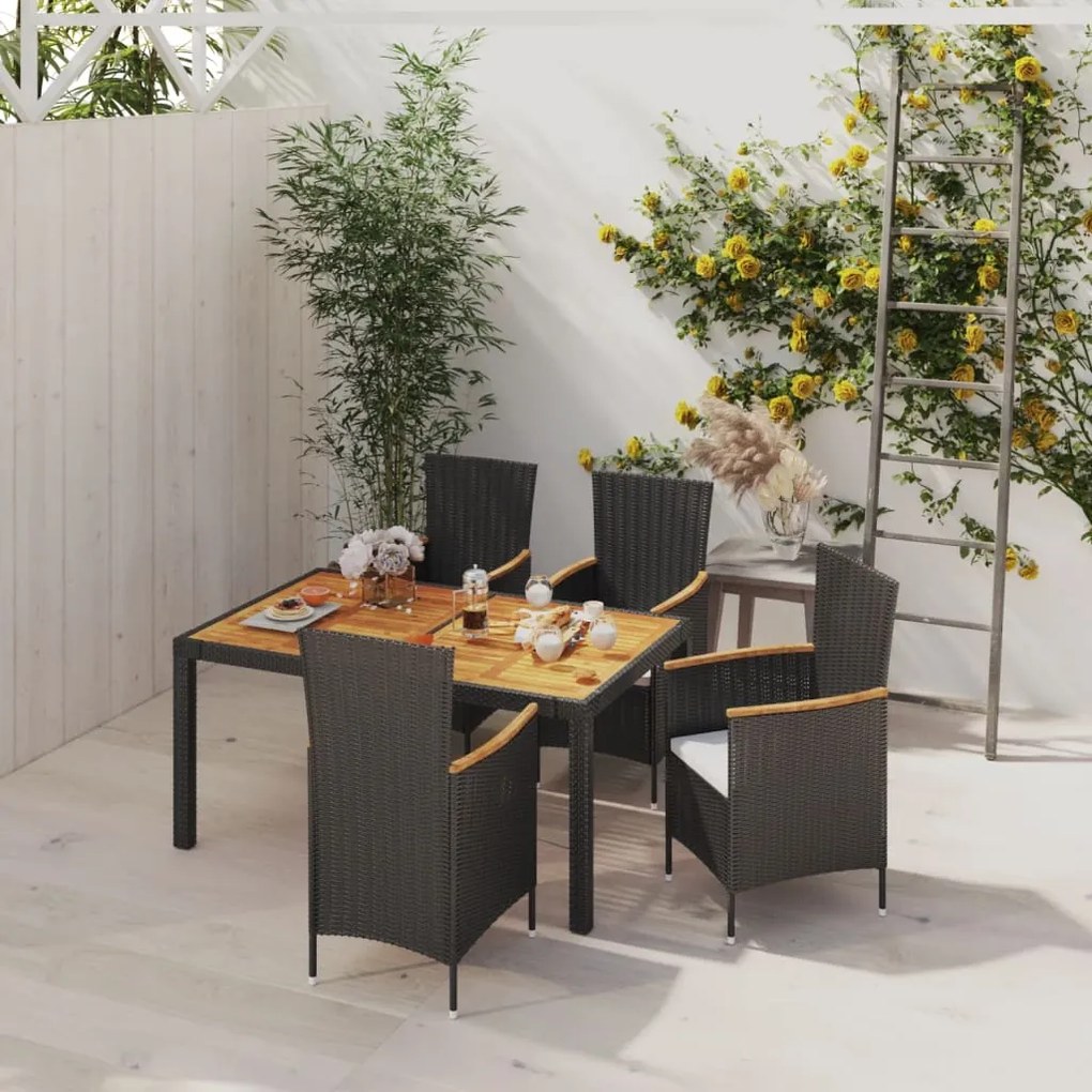 vidaXL 5 pcs conjunto jantar exterior com almofadões vime PE preto