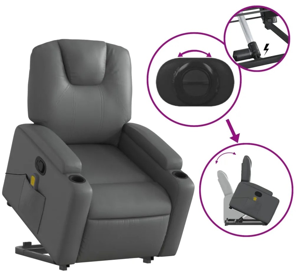 Poltrona massagens reclinável elevatória couro artif. cinzento