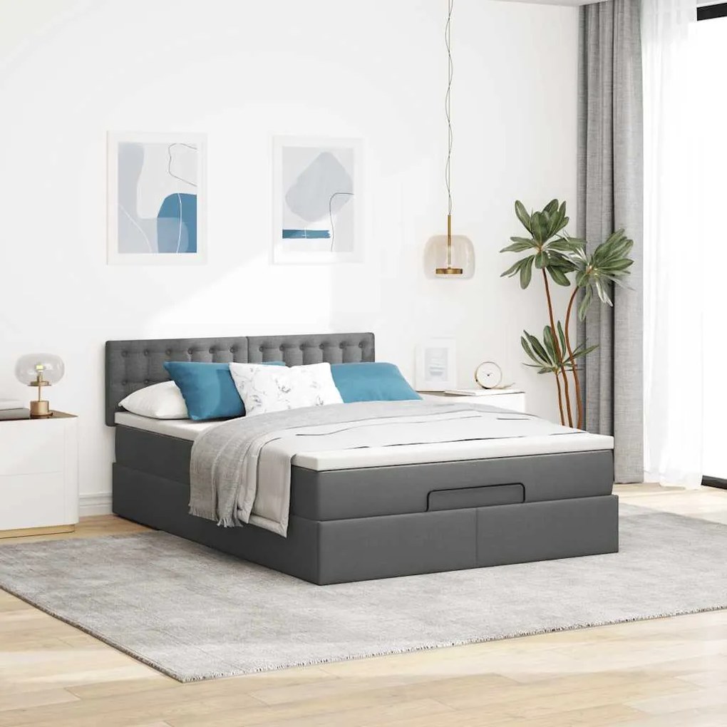 Cama otomana com colchão 140x190 cm tecido cinzento escuro