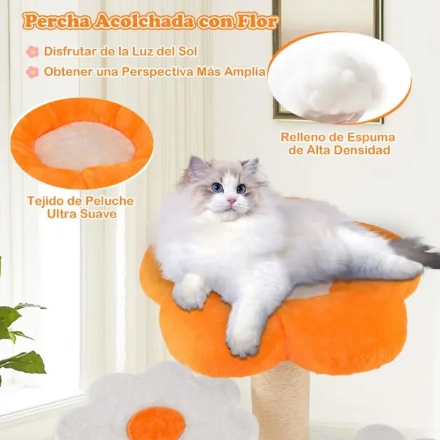 Arranhador para gatos com vários níveis e peluche no topo Poste para arranhar em sisal Plataformas para saltar 59 x 56 x 90 cm Amarelo
