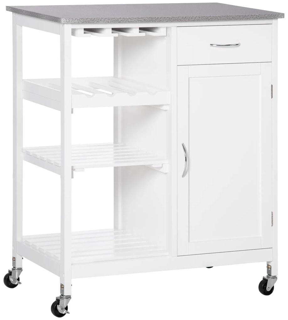 HOMCOM Carrinho de Cozinha com Rodas 1 Gaveta Prateleiras Suporte para 4 Garrafas e Armário Carga 40kg 76x48x88cm Branco e Cinza | Aosom Portugal