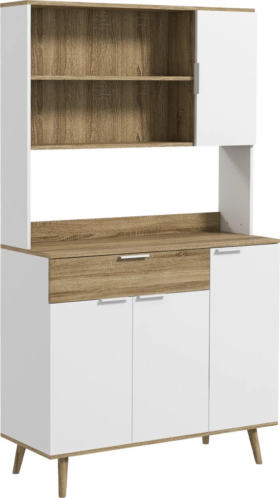 HOMCOM Armário de Cozinha Alto com 4 Portas, Prateleiras Ajustáveis, Gaveta e Compartimentos Abertos, 98x39x180 cm, Branco e Natural | Aosom Portugal