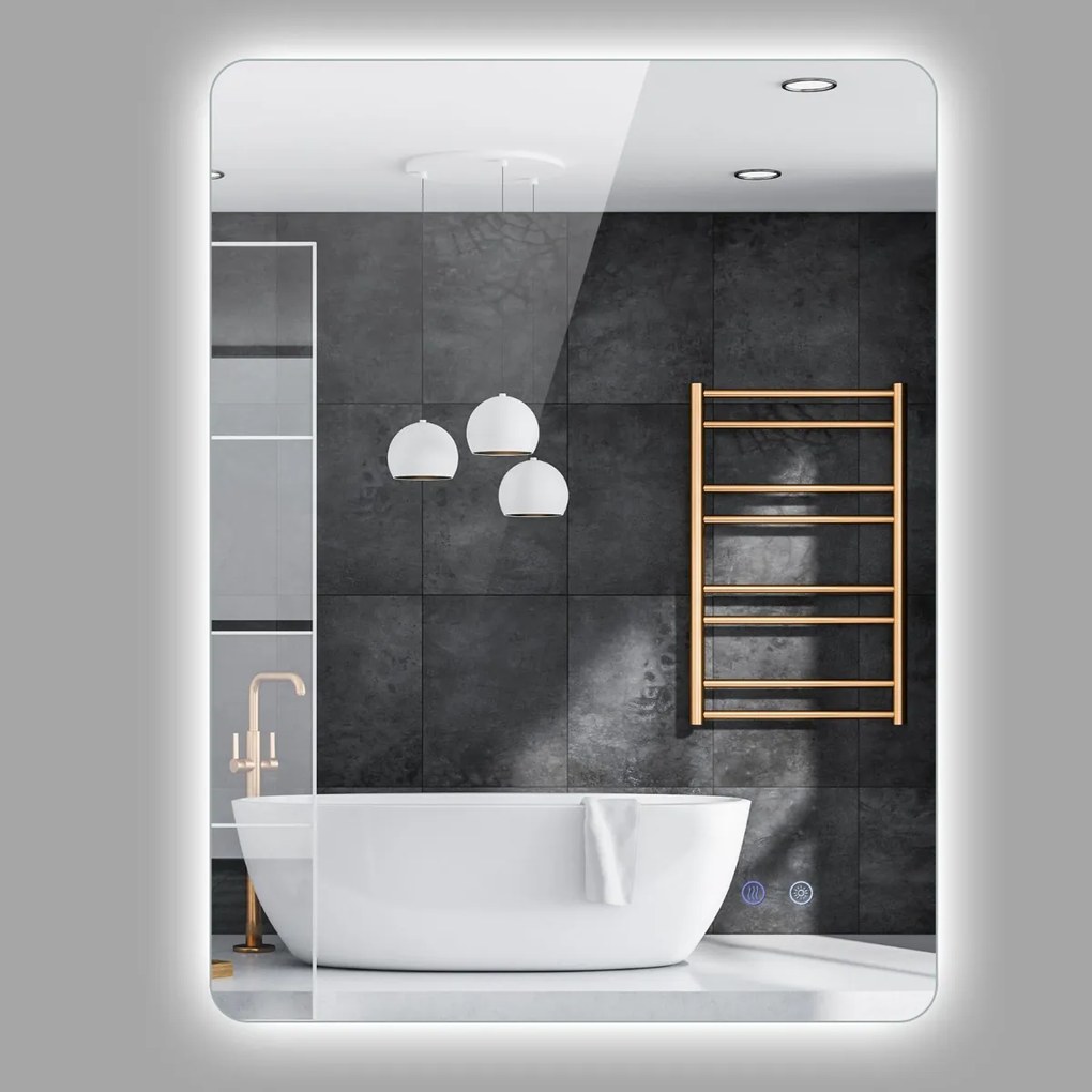 Espelho retangular de 80 x 60 cm com brilho ajustável, retroiluminado, tátil, inteligente, função de memória e design antiembaciamento Prateado