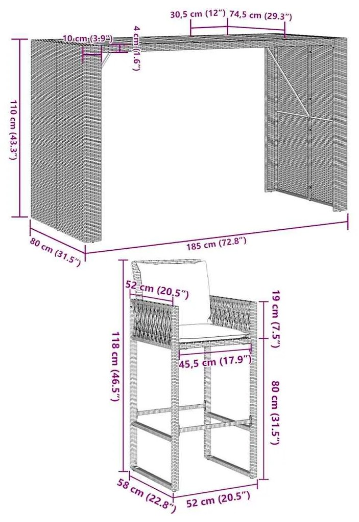 7 pcs conjunto de bar jardim c/ almofadões vime PE/acácia preto