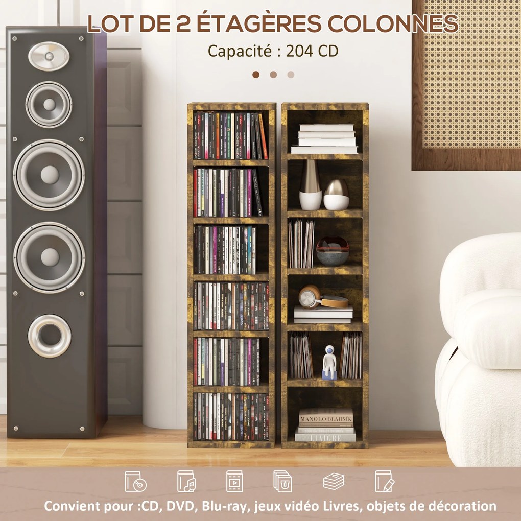 Conjunto de 2 estantes verticais para arrumação de CDs, com 12 compartimentos, 21 x 22,5 x 88,5 cm, capacidade para 204 CDs, castanho rústico