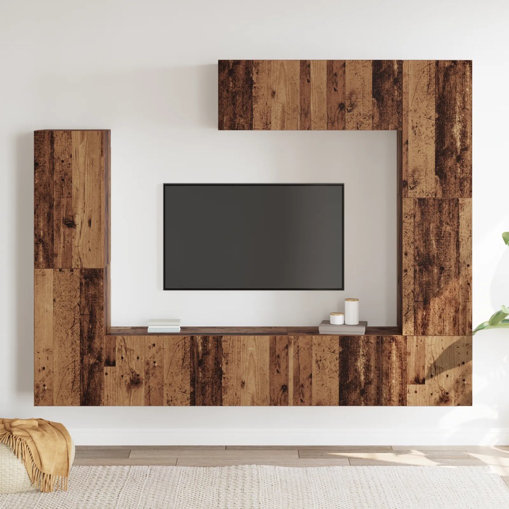 Conjunto de TV com 7 peças, montado na parede, em madeira envelhecida