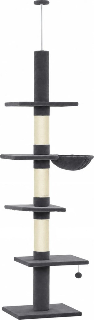 PawHut Arranhador até ao teto 225–255 cm ajustável Árvore para gatos com 5 níveis 3 postes de sisal, rede, plataformas | Aosom Portugal