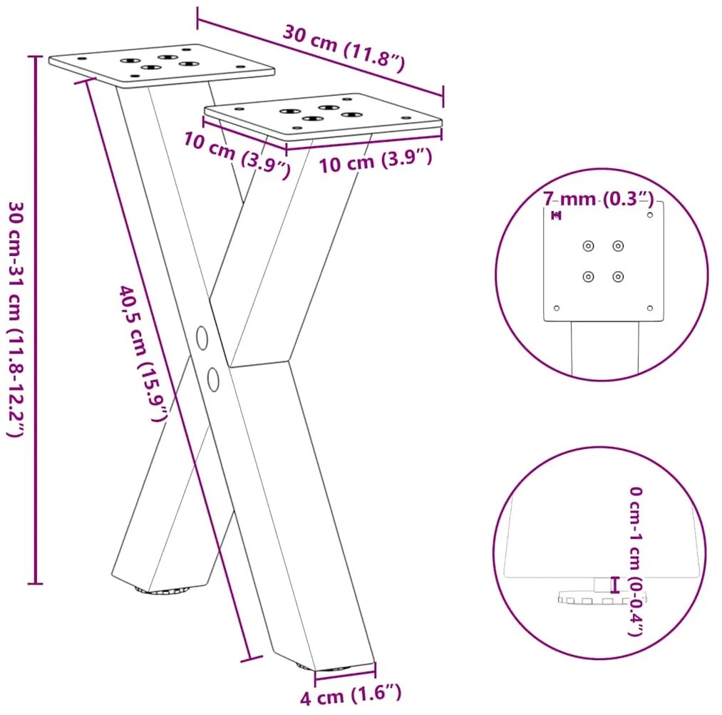Pés para mesa de centro em formato de X, 2 peças, aço natural, 30x(30-