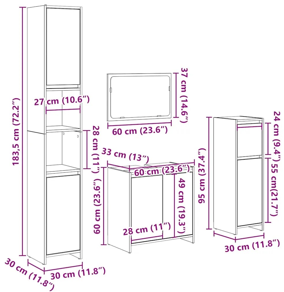 4 pcs móveis de casa de banho deriv. madeira carvalho artisiano